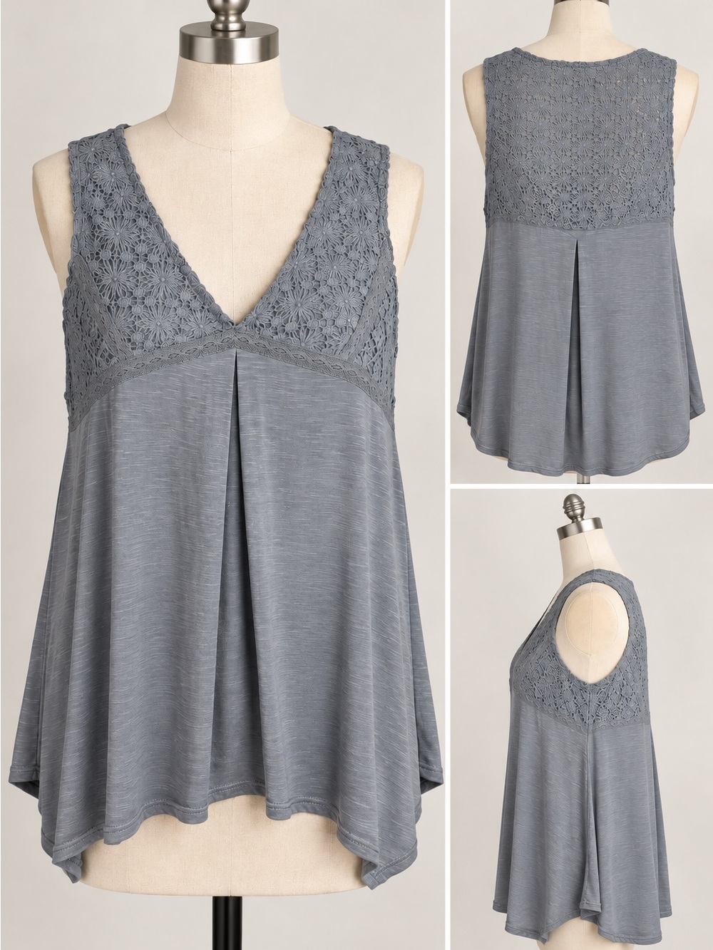 Knox Rose Women’s M Gray Lace V-Neck Sleeveless Boho Flowy Tunic Top